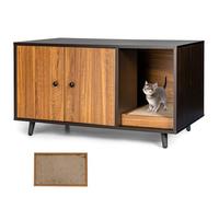 COSTWAY Meuble Litière Chat en Bois, Cache Double Porte 3 en 1 avec Planche à Griffer, Entrée Sinueuse, Maison de Toilette Industriel, 4 Pieds en Métal, 2 Compartiments, 90 x 50 x 50 CM