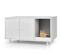 COSTWAY Meuble Litiere Chat en Bois, Cache Litiere Chat Double Porte 3 en 1, Planche à Griffer, 4 Pieds Surélevés Amovibles, Maison de Toilette Chaton, 90 x 50 x 50 CM, Blanc