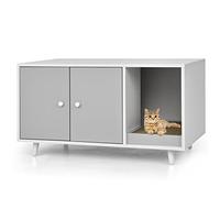 COSTWAY Meuble Litiere Chat en Bois, Cache Litiere Chat Double Porte 3 en 1, Planche à Griffer, 4 Pieds Surélevés Amovibles, Maison de Toilette Chaton, 90 x 50 x 50 CM, Gris