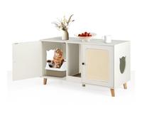 COSTWAY Meuble Litiere Chat en Bois, Cache Litiere Chats 3 en 1, 2 Portes avec Tapis à Griffer Amovible, Planche à Griffer, 2 Trous Latéraux, Maison de Toilette Chat,108 x 50 x 60 cm (Blanc)