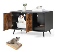 COSTWAY Meuble Litière Chat en Bois, Double Porte 3 en 1 avec Planche à Griffer, 4 Pieds Surélevés Amovibles, 2 Passe-Câble, Maison de Toilette Industriel, 90 x 50 x 54 CM