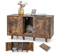 COSTWAY Meuble Litière Chat en Bois Double Porte 3 en 1, Planche à Griffer, 6 Pieds Surélevés Amovibles, 6 Passe-Câble, Maison de Toilette Industriel, 120 × 52 × 65 CM