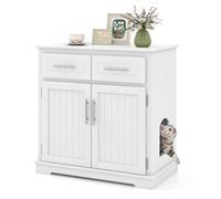 COSTWAY Meuble Litiere Chat en Bois, Maison pour Chat 3 en 1, 2 Portes et 2 Tiroirs, Kits Anti-basculement, Base Épaissie 7,5 cm, Maison de Toilette Chat, Entrée Latérale, 80 × 45 × 80 cm, Blanc