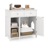 COSTWAY Meuble Litiere Chat en Bois, Maison pour Chat 3 en 1, 2 Portes et 2 Tiroirs, Kits Anti-basculement, Maison de Toilette Chat, Entrée Latérale, Etagères Ouvertes, 80 × 51 × 78 cm, Blanc