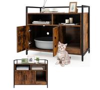 COSTWAY Meuble Litiere Chat en Bois, Meuble Cache Litiere Double Porte 2 en 1, Planche à Griffer Amovible, Cadre en Métal, 1 Passe-Câble, 2 Compartiments, Maison de Toilette Chat, Café