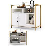 COSTWAY Meuble Litiere Chat en Bois, Meuble Cache Litiere Double Porte 2 en 1, Planche à Griffer Amovible, Cadre en Métal, 1 Passe-Câble, 2 Compartiments, Maison de Toilette Chat, Blanc