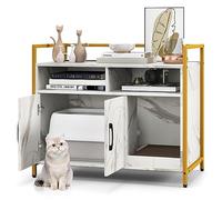 COSTWAY Meuble Litiere Chat en Bois, Meuble Cache Litiere Double Porte 2 en 1, Planche à Griffer Amovible, Cadre en Métal, 1 Passe-Câble, 2 Compartiments, Maison de Toilette Chat (Marbre)
