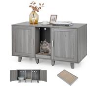 COSTWAY Meuble Litiere Chat en Bois, Meuble Cache Litiere Double Porte 3 en 1, Planche à Griffer, 6 Pieds Surélevés Amovibles, 6 Passe-Câble, Maison de Toilette Chat, 120 × 52 × 65 CM, Chêne Gris
