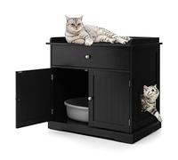 COSTWAY Meuble Litière Chat XXL 3 en 1, Cache Litière 2 Portes Avec Tiroir, Trous d'Aération Latéral, Maison de Toilette en Bois, 76 x 53 x 73,5 cm (Noir)