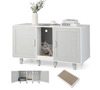 COSTWAY Meuble Litière en Bois, Cache Chat Double Porte 3 en 1, Planche à Griffer, 6 Pieds Surélevés Amovibles, 6 Passe-Câble, Maison de Toilette, 120 × 52 × 65 CM, Gris