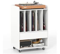 COSTWAY Meuble Platine Vinyle à Roulette avec Tiroirs, 6 Compartiments pour 150 Albums, Étagère, pour Salon, Chambre, Bureau, Blanc
