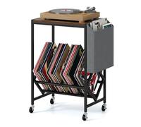 COSTWAY Meuble Platine Vinyle a Roulette, Petit Support pour Tourne-Disques avec Poche, pour 100 Albums Disques CDs, Cadre en Métal, Meuble Rangement Vinyle Hifi pour Salon, Chambre (Marron rustique)
