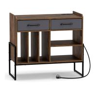 COSTWAY Meuble Platine Vinyle avec Prise, Rangement Platine Vinyle 3 Compartiments, 2 Tiroirs, Pieds Surélevés, Étagère Ajustable, Support Tourne-Disque pour CD DVD, Meuble HiFi pour Salon, Chambre