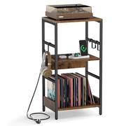 COSTWAY Meuble Platine Vinyle avec Prise, Rangement Platine Vinyle avec 2 Séparateurs, 3 Crochets, Cadre en Métal, Support Tourne-Disque pour CD DVD Manga, Meuble HiFi Vinage pour Salon, Chambre