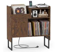 COSTWAY Meuble Platine Vinyle avec Prise, Support Tourne-Disque pour jusqu'à 300 Albums, Compartiments Ouverts, Placard, Meuble Rangement HiFi pour CD DVD Manga Livre