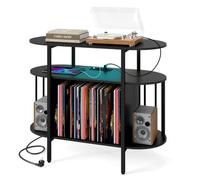 COSTWAY Meuble Platine Vinyle LED avec Prise (Noir) | Design 3 Niveaux Ouvert, 3 Séparateurs, Support Tourne-Disque pour CD DVD Manga Livres, Meuble HiFi Vinage pour Salon Chambre
