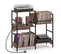 COSTWAY Meuble Platine Vinyles avec Prise, Rangement Platine Vinyle Jusqu’à 200 Albums, 3 Crochets, Support Tourne-Disque pour CD DVD Manga Livres, Meuble HiFi Vinage pour Salon, Chambre