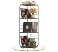 COSTWAY Meuble Rangement Vinyle à 4 Niveaux pour Disques Vinyles, Support Platine Vinyle pour Jusqu’à 210 Albums, Pivotant 360°, Meuble Tourne-Disque Vinyle en Métal, pour Salon (Marron Rustique)