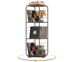 COSTWAY Meuble Rangement Vinyle à 4 Niveaux pour Disques Vinyles, Support Platine Vinyle pour Jusqu’à 210 Albums, Pivotant 360°, Meuble Tourne-Disque Vinyle en Métal, pour Salon (Marron Rustique)