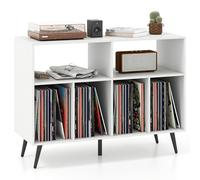 COSTWAY Meuble Rangement Vinyle pour Albums, 6 Compartiments, Rangement CD DVD Manga, 5 Pieds en Métal, Support pour Tourne-disque, Meuble Hifi, Bibliothèque Basse (Blanc,Sans prise)