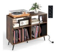 COSTWAY Meuble Rangement Vinyle pour Albums, 6 Compartiments, Rangement CD DVD Manga, 5 Pieds en Métal, Support pour Tourne-disque, Meuble Hifi, Bibliothèque Basse (Marron rustique,Avec prise)