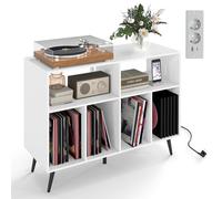 COSTWAY Meuble Rangement Vinyle pour Albums, 6 Compartiments, Rangement CD DVD Manga, 5 Pieds en Métal, Support pour Tourne-disque, Meuble Hifi, Bibliothèque Basse (Blanc,Avec prise)