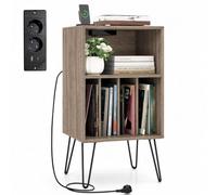 COSTWAY Meuble Tourne-Disque Vinyle avec Prise (Gris chêne) | Station de Charge,2 Prises,1 USB,1 Type-C,Pieds en Métal, Meuble Hifi, Support Tourne-Disque pour CD DVD Manga Livres