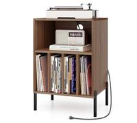 COSTWAY Meuble Tourne-Disque Vinyle avec Prise, Support Platine Vinyle pour 150 Albums, Station de Charge, 2 Ports USB, Ports Type-C, 4 Séparateurs, Bout de Canapé avec Compartiment (Noyer)