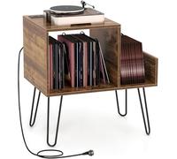 COSTWAY Meuble Tourne-Disque Vinyle avec Prise, Support Tourne-disque pour 145 Albums, Station de Charge, 2 Ports USB, 4 Pieds Amovibles, 3 Séparateurs, Étagère de Rangement sur Table (Brun rustique)
