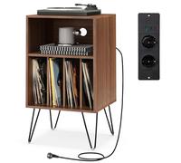 COSTWAY Meuble Tourne-Disque Vinyle avec Prise, Support Tourne-Disque pour Albums avec Station de Charge, 2 Prises, 1 USB,1 Type-C, Pieds en Métal, Table d’Appoint pour Salon Chambre (Noyer)