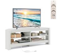 COSTWAY Meuble TV Angle 140 cm, Meuble Télé Blanc avec Prise, 2 Prises, 2 USB, 1 Type-C, Petit Meuble TV pour 65", 4 Etagères Ouvertes (Blanc)