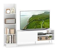 COSTWAY Meuble TV Bibliothèque en L pour Télé 50", 6 Étagères Ouvertes, Armoire à Porte Abattante, Meuble Télé 140 cm pour Salon, Chambre, Kits Anti-basculement Inclus (Blanc)