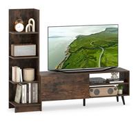 COSTWAY Meuble TV Bibliothèque en L pour Télé 50", 6 Étagères Ouvertes, Armoire à Porte Abattante, Meuble Télé 140 cm pour Salon, Chambre, Kits Anti-basculement Inclus (Marron Rustique)