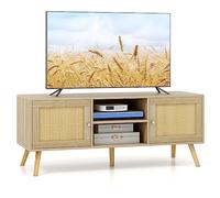 COSTWAY Meuble TV Bois, Meuble Tele à Porte Cannage avec 4 Compartiments pour TV 55", Banc TV 120cm à 4 Pieds en Bois Massif, Style Bohème, 120 x 40 x 40,5 cm