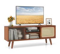 COSTWAY Meuble TV en Bambou avec 4 Compartiments pour TV 55" au Max, Banc TV à 4 Pieds en Bois Massif, 2 Portes Coulissantes en Rotin et Verre Trempé, 120,5x31x45,5cm (Brun)
