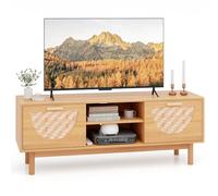 COSTWAY Meuble TV en Bois, Meuble Télé 2 Tiroirs Tissés en Bambou, 2 Etagères Ouvertes, 2 Passe-Câbles, Pieds en Bois Massif, Table TV Bohême, 55" au Max, 120 x 35 x 45,5 cm