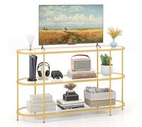 COSTWAY Meuble TV en Verre Trempé, Meuble Télé 3 Niveaux pour 65 Pouces, Console TV Design Ovale, Meuble Console Entrée Moderne pour Salon, Chambre, Doré