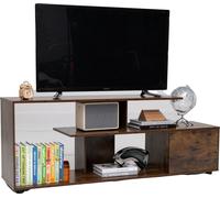 COSTWAY meuble tv jusqu'à 55 pouces, table console média asymétrique à 3 niveaux avec étagères & armoire avec 5 pieds de support, marron rustique