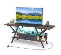 COSTWAY Meuble TV LED 140 cm pour Téléviseurs 65 Pouces, Meuble Tele avec Prise, Table TV Industrielle 3 Niveaux, Étagères, 2 Compartiments, pour Salon, Chambre (Brun Rustique)