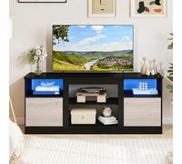 COSTWAY Meuble TV LED 147 cm, Meuble TV Cheminée pour TV jusqu'à 65 Pouces, 2 Armoires, Compartiments Ouverts, Porte Magnétique, Design Moderne pour Salon, Noir