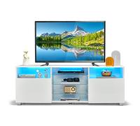 COSTWAY Meuble TV LED, Meuble Télé Lumineux 20 Couleurs, Banc TV avec 2 Placards, 2 Compartiments, Étagères Vitrées, Meuble pour TV 60", Trous de Câbles, pour Salon, Salle, Chambre, Blanc