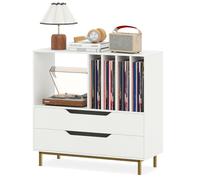 COSTWAY Meuble Vinyle avec 2 Tiroirs, Rangement Platine Vinyle 5 Compartiments, Support de Tourne-Disque pour CD/DVD, Grand Meuble HiFi pour Salon, Chambre (Blanc)