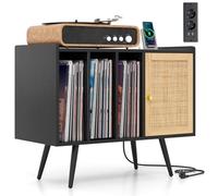 COSTWAY Meuble Vinyle avec Prise, Rangement Vinyle pour 220 Albums, Rangement CD/DVD Manga, Armoire à Porte Cannage,Support pour Tourne-disque, Meuble Hifi pour Salon, Chambre (Noir)