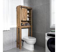 COSTWAY Meuble WC au-Dessus de Toilettes en Bois 4 Étagères avec Porte Coulissante, Meuble de Rangement Industriel de Salle de Bain avec Dispositif Anti-basculement, 25 x 67 x 172 cm, Marron