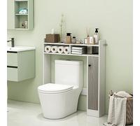 COSTWAY Meuble WC au-Dessus de Toilettes, Meuble de Salle de Bain avec 2 Compartiments et 1 Placard de Rangement avec Étagères Réglables, Dispositif Anti-basculement, 18 x 88 x 100 cm (Blanc)