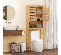 COSTWAY Meuble WC au-Dessus des Toilettes en Bambou avec Placard à 2 Portes, Étagère Ouverte, pour Salle de Bain, 62 x 23 x 170 cm