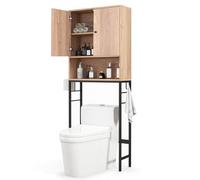 COSTWAY Meuble WC, Meuble Machine à Laver, Rangement de Salle de Bain à 2 Portes et Compartiment Ouverte, 2 Crochets Latéraux, 23 x 63 x 165,5 cm (Naturel)