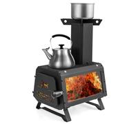 COSTWAY Mini Poêle à Bois Portable en Acier Carbone avec 2 Positions de Cuisson, Réchaud à Bois avec Poignée Anti-brûlure Fenêtre en Verre Résistant pour Cuisine Camping Barbecue