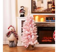COSTWAY Mini Sapin de Noël Artificiel 90 cm, Sapin de Noël Pré-décoré avec 12 Boules de Coton Naturel, 24 Boules Décoratives, Pointes de Branches Floquées de Neige, Décoration de Fête (Rose)