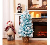CostwayMini Sapin de Noël Artificiel de 90 cm avec 12 Boules de Coton Naturel 24 Boules Décoratives Pointes de Branches Floquées de Neige Bleu